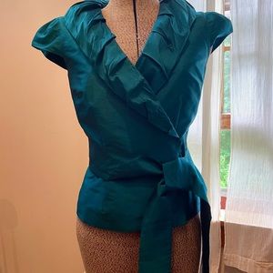 Calvin Klein teal raw silk wrap blouse